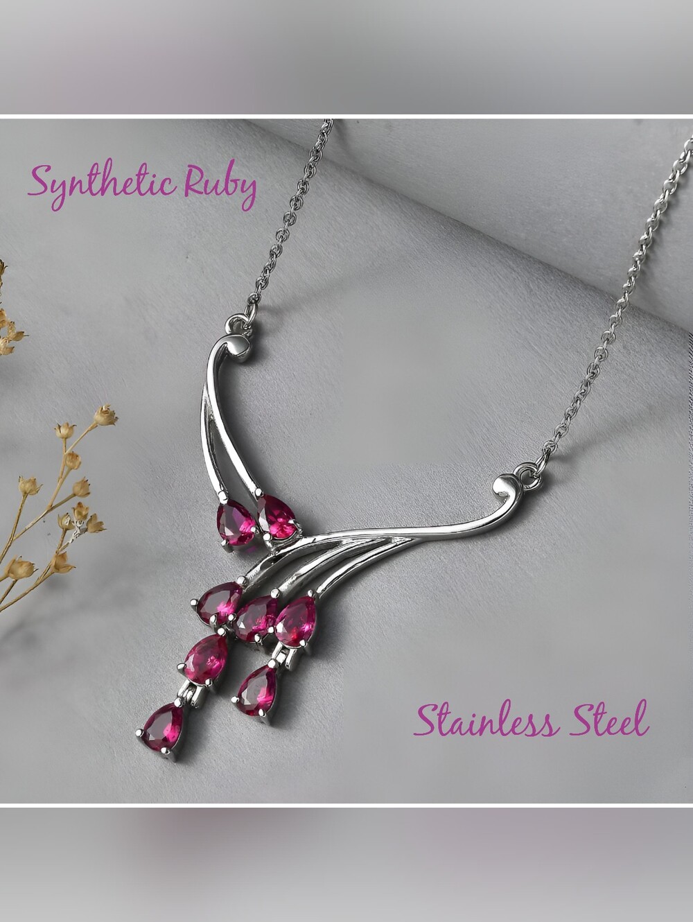 Stunning Evertrue® syntrhetic Ruby 'Waterfall' necklace, Stainless Steel